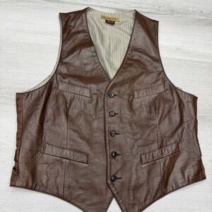 Genuine Leather Vest Brown Button Front 4 Pocket Natural Style Men XL Western